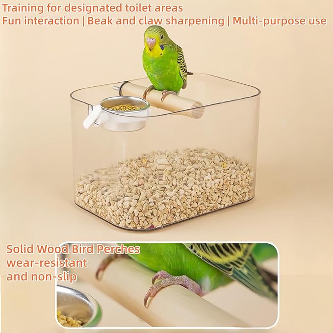 Bird Desktop Training Stand with Wood Stand, Bowls and Brush, Bird Playstand Portable Training Playground for Budgies, Cockatiels, Lovebirds,Conures, Parakeet Cage Accessories