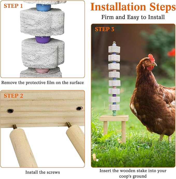 Hamiledyi Chicken Chewing Toy 2 Pack Chicken Coop Accessories with Calcium Stone & Wood Stake Enrichment Toys for Hens, Ducks, Geese, Cockatiel, Parakeet, Parrot, Budgie