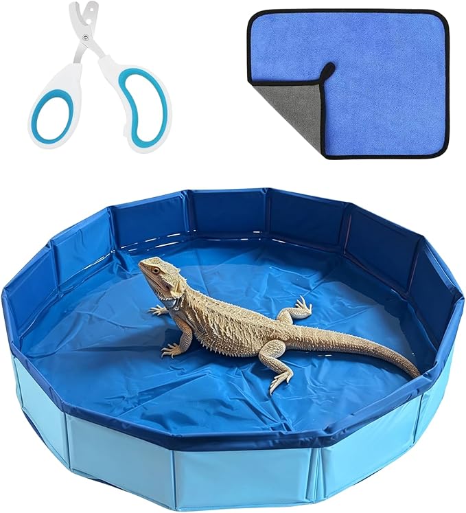 Bearded Dragon Bath Set - Foldable Bathtub with Towel & Nail Clippers Reptile Swimming Pool Lizard Accessories for Geckos Tortoises Ferret Small Animal Grooming Kit (Blue, 19.7 inch)