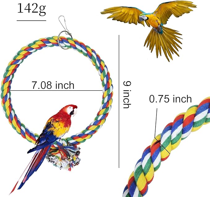 WishLotus Bird Swing, Cotton Rope Swing with Bite Resistance Perches for Parakeets, Budgie, Cockatiels, Conures, Finches - Boredom Breaker (18cm, Cage Hanging)