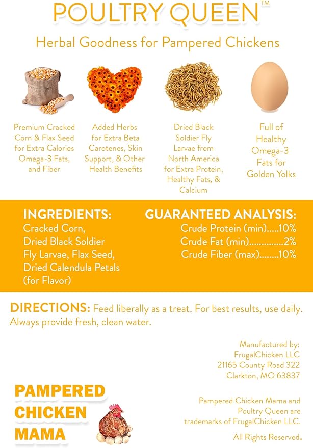 Pampered Chicken Mama Mealworm, Black Soldier Fly Larvae, Corn, Flax, & Herb Treat (10 Pounds) for Backyard Chickens, Healthy Layer Feed & Supplies for Pet Chickens Poultry Queen Treat for Hens