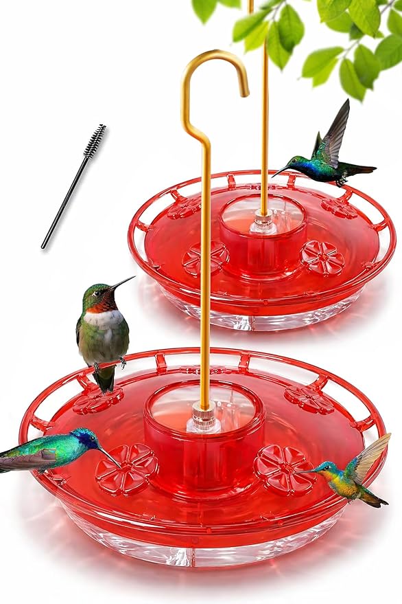 eWonLife Clear Ruby Hummingbird Feeders for Outdoors, 2 Pack 16OZ Leak Proof Saucer Humming Bird Feeder with Integrated Ant Moat, Bee Proof 5 Feeding Ports, Brush, Hanging Garden Decor for Mom