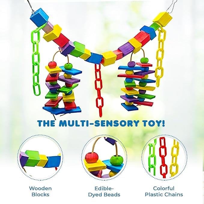 SunGrow Parrot Toy, 19" x 7.5", Colorful Wooden Beads and Metal Chain Link Hanger, Multicolored, 1 Pc per Pack