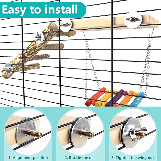DBNESS 3in1 Bird Perch Toys for Parrots, Wooden Ladder Perch for Cage, Parrot Platform Stand Colourful Swing Hammock Climbing Bridge Exercise Cage Accessories for Budgies Cockatiels Lovebirds Hamster