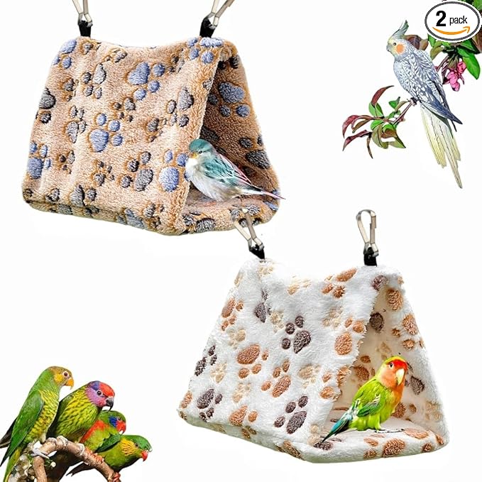 2 Pack Bird Nest Plush Snuggle Bird Hammock Hanging Bird Cave Parrot Sleeping Bed Shed Hut Hanging Tent for Budgies Finch Parakeet Cockatiel Cockatoo Lovebird-Foot Pattern (Brown&White)