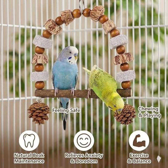 Natural Wood Bird Swing Toy for Parakeets Cockatiels, Parrot Hanging Perch with Chewing Pine Cones & Beak Grinding Pumice Stone, Bird Cage Accessories for Conure Lovebirds Budgies - Boredom Relief