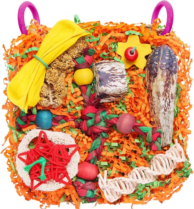 Bird Toys for Small & Medium Parrots - Natural Foraging & Shredding Cage Hanging Toys with Seagrass Mat, Starfruit, Loofah Slices for Budgies, Cockatiels, Lovebirds, Conures (1 PCS)