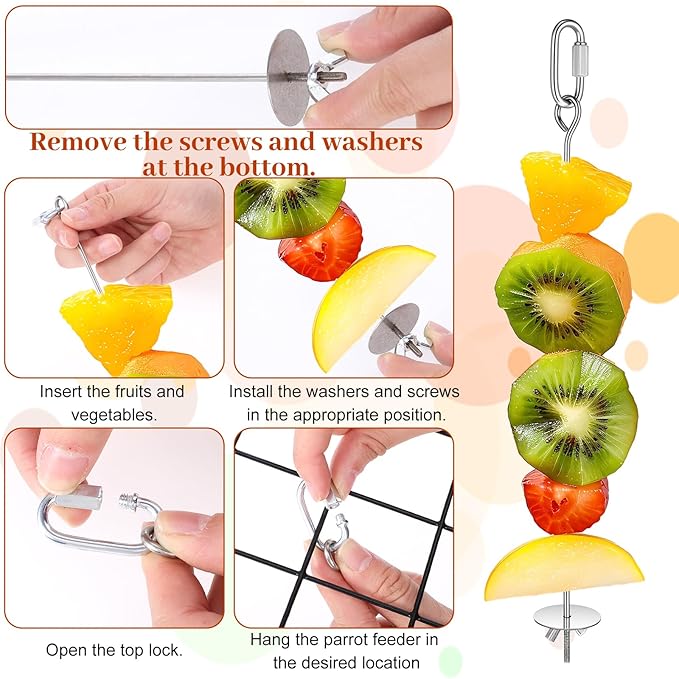 Nogeqi 3PCS Bird Cage Food Holder with Hook, Stainless Steel Bird Feeder for Cage, Parrot Fruit Skewers, Birds Foraging Toys for Macaw Parakeet Parrot Budgie (3 Sizes)