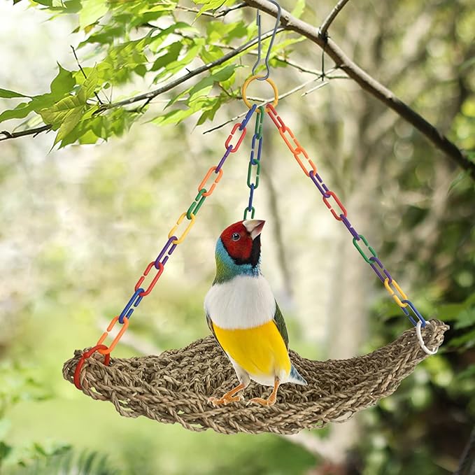 Seagrass Swing for Birds,Bird Seagrass Mat Hammock Edible Triangle Natural Woven Parakeet Swing Toys with Hooks Chewing Climbing for Parrot Budgies Lovebird Canary Cockatiel Finch Cockatoos