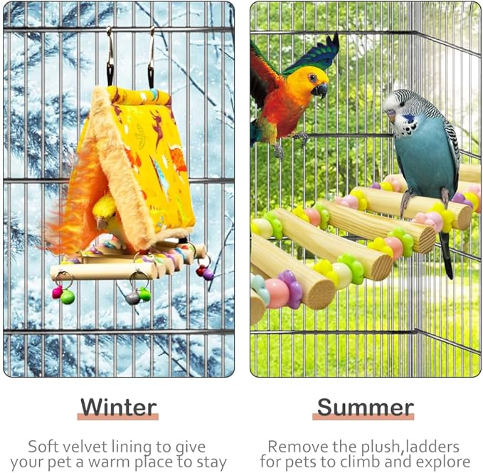 La La Pet® Hanging Parrot Hammock Nest with Wooden Perch Bird Sleeping Tent Parrot Habitat Bird Nest Bed Parrot Hideaway for Small and Medium Sized Birds Small