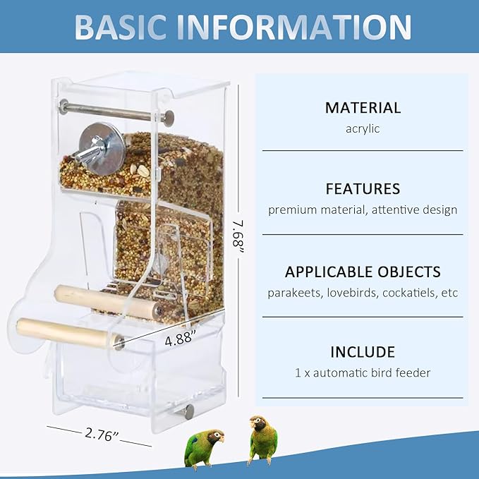 La La Pet®No Mess Automatic Bird Feeder for Cage Acrylic Bird Food Container Adjustable Bird Cage Feeder with Perch Parrot Feeding Station for Small Birds, Transparent