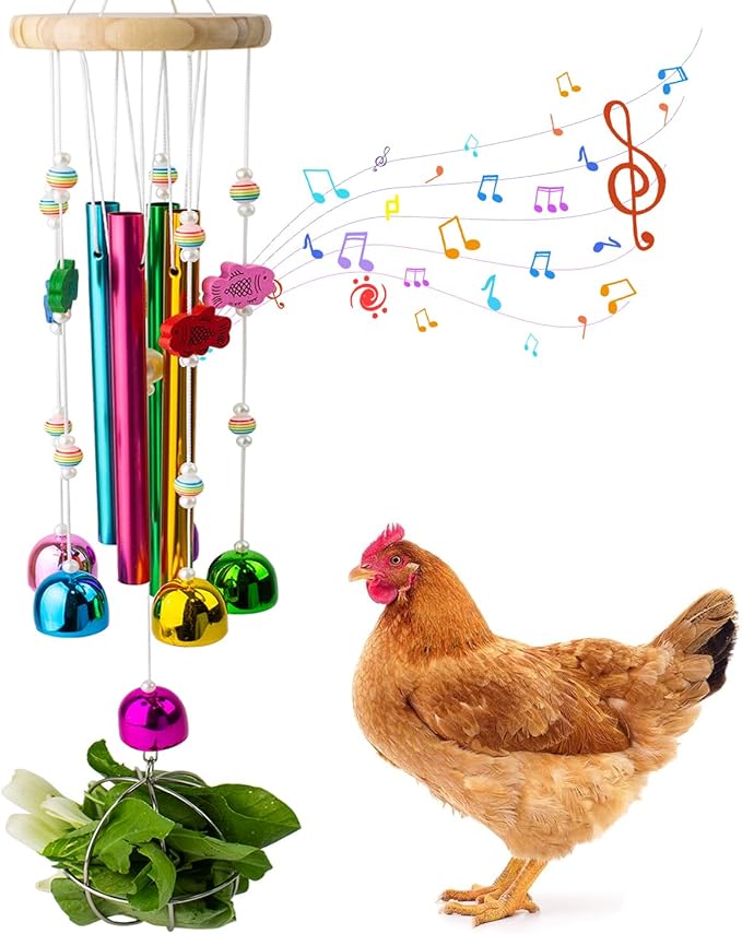 Chicken Toys with Treat Ball for Coop, Chicken Wind Chime Toys for Hens with 5 Metal Bells, Hanging Chickens Coop Pecking Toy for Hens Chicks Poultry