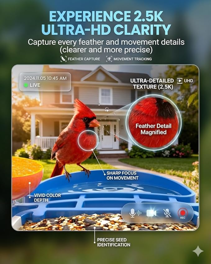 Smart Bird Feeder with Camera 2.5K QHD, AI Identify 16000+ Birds, Auto-Capture & Motion Detection, IP65 Waterproof, 5W Solar Panel, 140° Field of View, Bird Watching Gift