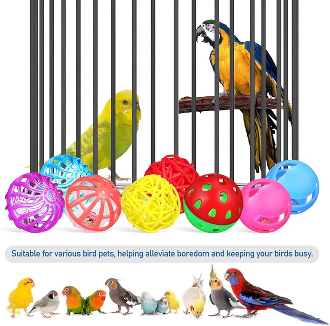 POPETPOP Bird Ball Toy - 12Pcs Plastic Pet Toy for Parakeet, Parrot, Finch Foraging & Preening - Colorful Training Bell Balls