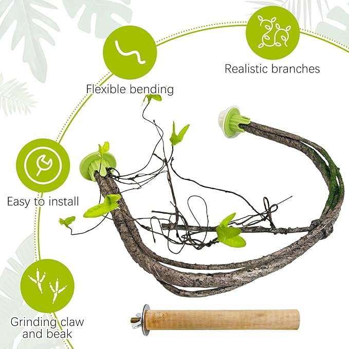 PINVNBY 2 PCS Bendable Bird Perches Simulation Branch Parrot Perch Stand with Green Leaf Hanging Paw Grinding Fork Cage Accessories for Parakeet Budgie Finch Cockatiel Conure (Medium)
