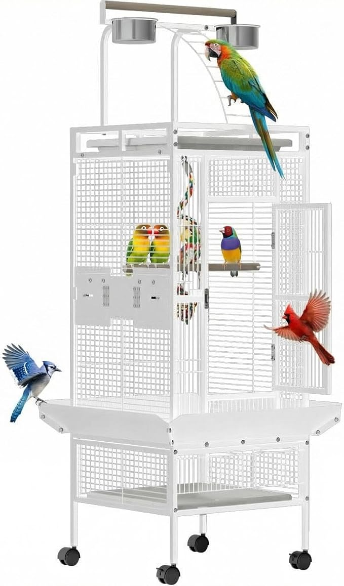 Spacious 60 Inch Wrought Iron Bird Cage with Rolling Stand – Playtop Design, 4 Stainless Steel Bowls, Slide-Out Tray – Parrot Cage for Cockatiel, Conure, Budgie, Lovebird, Canary – White