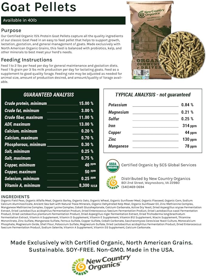 New Country Organics | Goat Feed Pellets 40lb | for All Stages of Goats | Daily Goat Food | 15% Protein | Soy-Free, Certified Organic and Non-GMO, Made in North America | 40lbs Bag