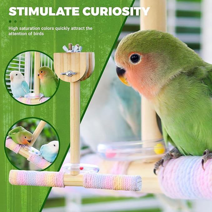 Bird Stand Perch Toy,Interactive Rocking Parakeet Toy and Perch, Wooden Exercise Wheel Cockatiel Toy, Intelligence Puzzle Enrichment Toys,Bird Playground Play Stands for Conure Budgie(swing)