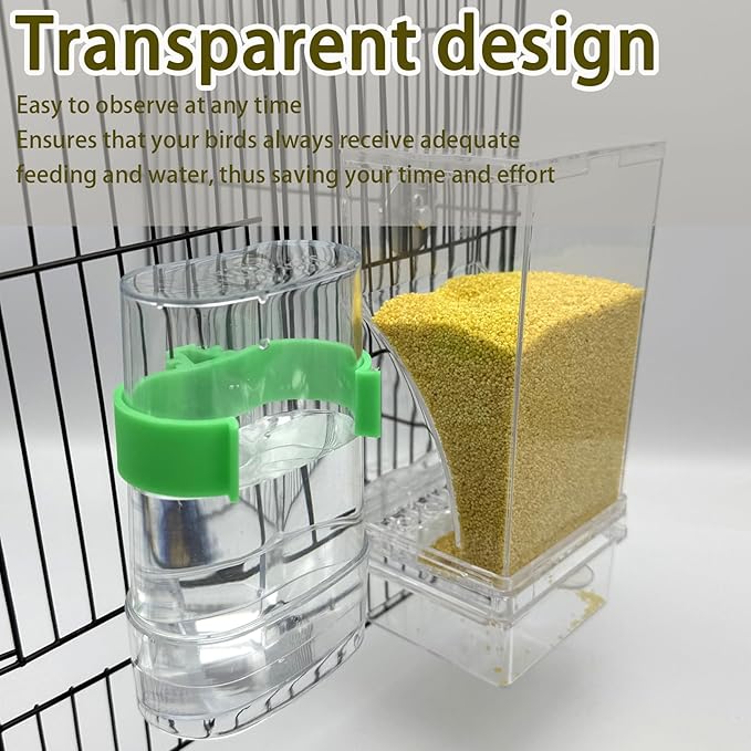 Automatic No Mess Bird Feeder Water Dispenser Set, Acrylic Transparent Parakeet Cage Accessories Bird Feeder and Waterers in Cage for Small and Medium Cockatiels, Finches, Lovebirds