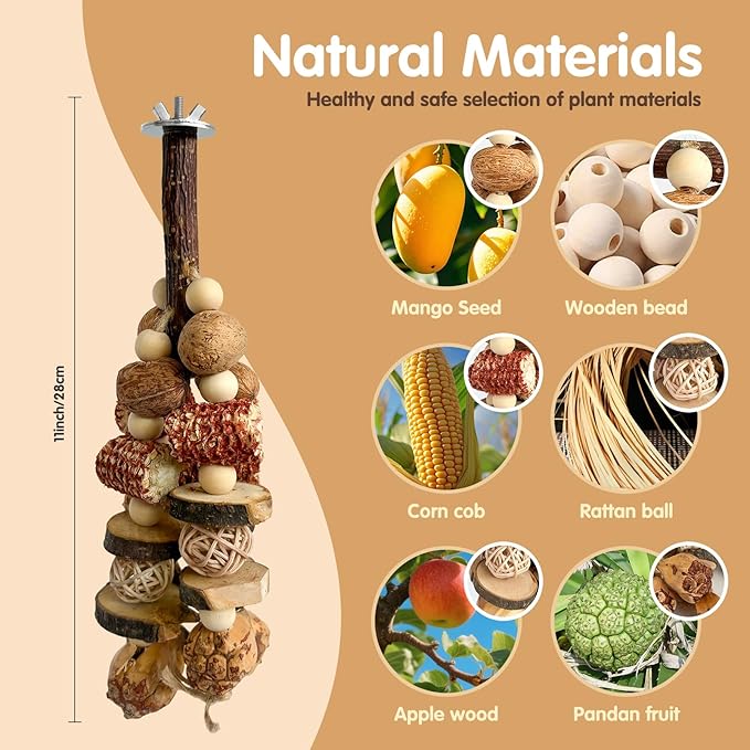 Bird Chew Toy - Natural Apple Wood Corn Cob Parrot Chew Toy, Multi-Functional Cage Hanging Foraging Toy for Budgies, Cockatiels, Conures, Lovebirds & Other Small Medium Birds