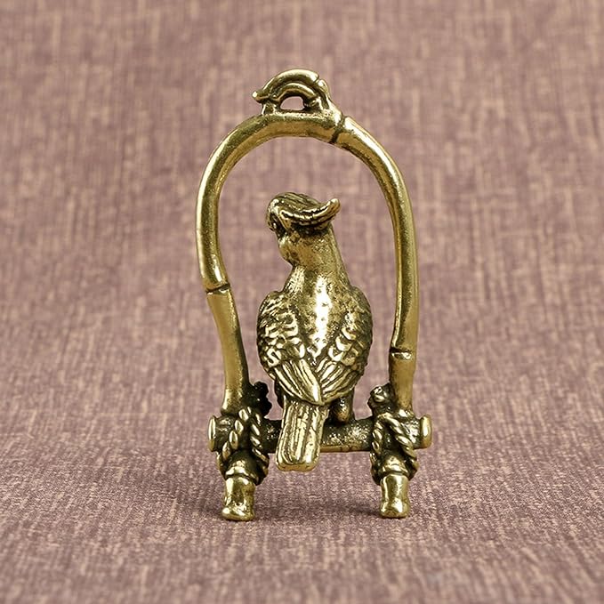 Leheybia 1 Pcs Brass Bird Cage Parrot Ornament Brass Animal Parrot Figurines Parrot Decoration Brass Statue for Desktop Decoration（Golden）