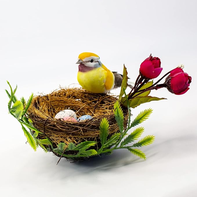 Berfutall-Easter Artificial Nest Natural Bird Nest Kit Includes Artificial Twig Nest, Fake Foam Feather Birds, Foam Eggs Ornaments for Crafts Home Party Decor