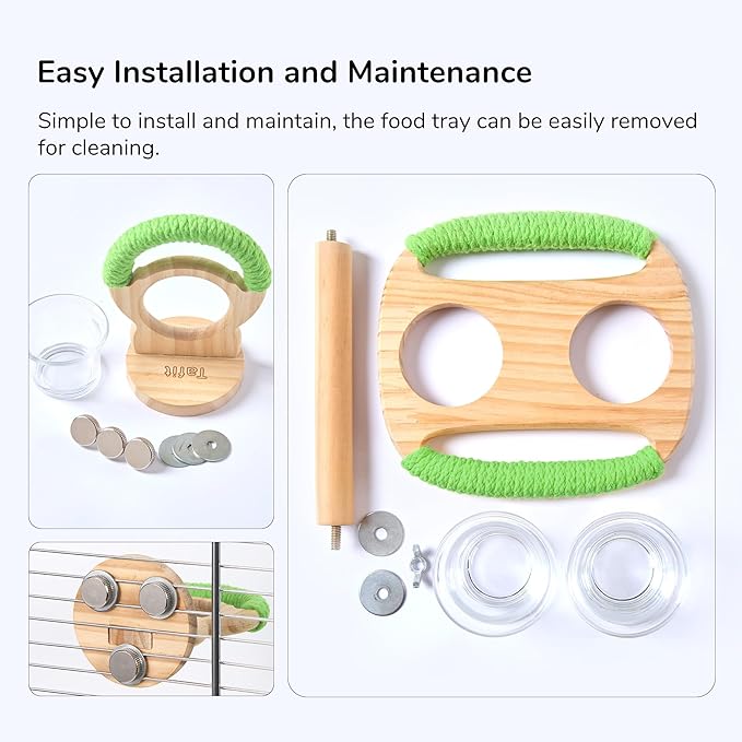Bird Feeder & Perch – Includes Cotton Rope Perch and 2 Glass Feeding Cups – Cage Accessory for Cockatiels, Budgies, Lovebirds, Conures, Canaries, Finches, and Small Parrots