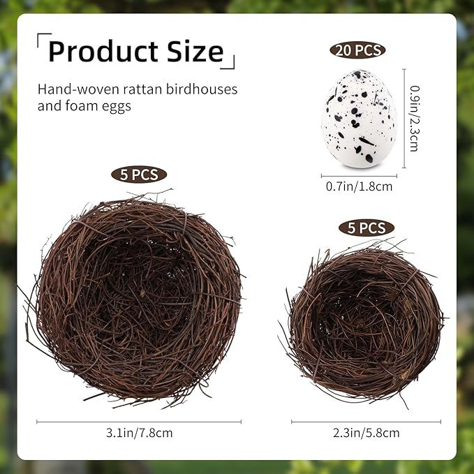 30Pcs Small Artificial Bird Nests with Eggs for Crafts,Handmade Natura Rattan Birds Nest for Easter, Wedding, Home, Party, and Christmas Tree Decorations(10pcs Mixed Small Size Nest, 20pcs Eggs)