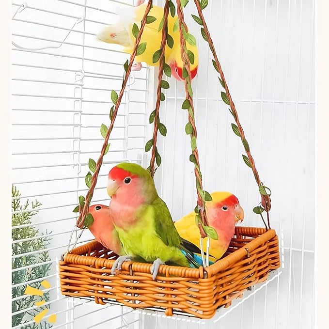 Hanging Rattan Bird Nest for Cage, Bird-Safe Vine Swing Perch with Leaves, Washable Chew-Proof Hammock Nest for Lovebird Cockatiel Budgie Conure, Cage Decoration & Rest Toy for Small Birds (Square)