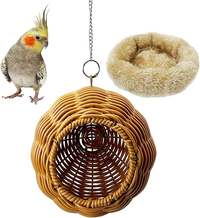 Rattan Birds Nest for Cage Hanging Parakeet House Chewproof Parrot Breeding Bed Small Budgies Hideout Swing Hut Bird Cage Accessories for Lovebirds Cockatiel Conure Finch Canary (Brown)