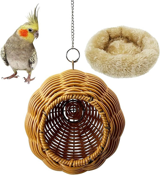 Rattan Birds Nest for Cage Hanging Parakeet House Chewproof Parrot Breeding Bed Small Budgies Hideout Swing Hut Bird Cage Accessories for Lovebirds Cockatiel Conure Finch Canary (Brown)