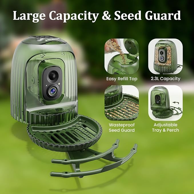 HIXX Smart Bird Feeder with 4MP Camera – Auto Capture Video, AI Bird Identification, Large Capacity & Seed Guard, Solar Powered Night Light, Live Birdwatching Camera for Lovers, Family & Friends