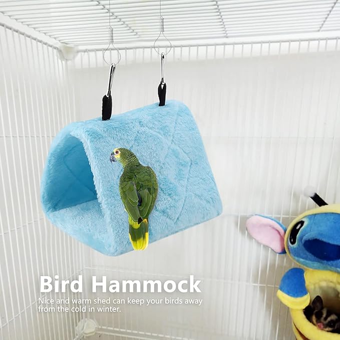 Plush Bird Hammock, Hanging Bird Nest Warm Soft Plush Hammock Hanging Cage Tent Winter Warm Bird Nest House for Birds Parrot Winter Warm Bed Pet Toy Pouch Cotton Bed (M-Blue)