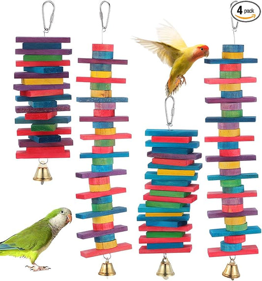 4 Pcs Parrot Toys, Birds Toys with Multicolored Natural Wood Blocks, Bird Chew Toys with Hook and Bell, Bird Cage Toys for Conures, Parakeets, Cockatiels, Lovebirds, African Grey Macaws, 2 Designs