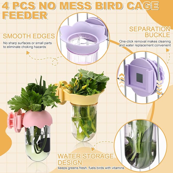 4 Pcs Millet Holder for Bird Cage Feeder Parrot Vegetable Veggies Holder No Mess Bird Feeder Cups for Fruit with Water Storage to Keep Fresh Hanging Cage for Parakeet Macaw Lovebirds