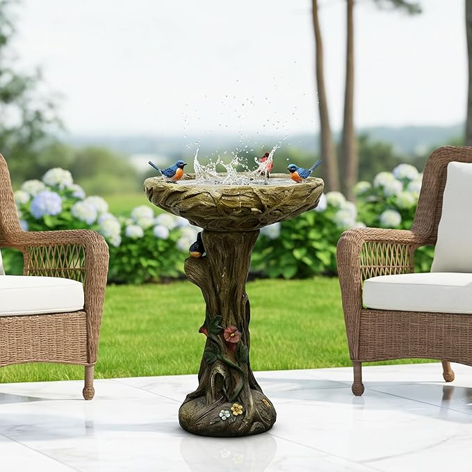 SKYFIRE 25.5” H Fibre Reinforced Concrete Bird Bath with Birds for Garden, Woodland Tree Trunk Decoration Outdoor Bird Bath，Pedestal Birdbaths for Outdoors, Garden, Patio, Lawn, Backyard