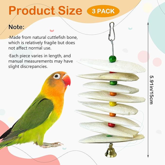 3 Pack Bird Toys with Cuttlebone,Parrot Toy Bird Beak Grinding Stone Parakeet Cage Accessories for Small & Medium Budgies Lovebirds Cockatiels (Flake,8 Per Skewer)