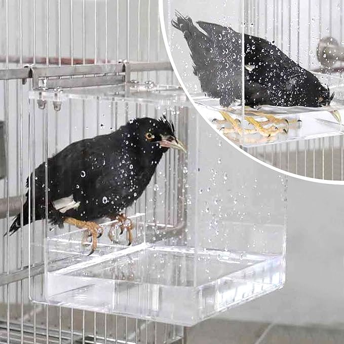 Bird Bath for Cage No-Leakage Upgrated Acrylic Clear Bird Bathtub Parrot Parakeets Shower for Cage Bathtub Box for Small Bird Parrot with 4 Hooks