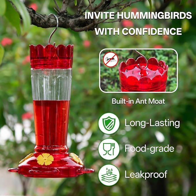 Plastic Hummingbird Feeder, 14 OZ Ant & Bee Proof Hummingbird Feeders for Outdoors Hanging, Leak-Proof Nectar Feeders with 4 Feeding Ports and Perches, Gifts for Mom, Birdlovers