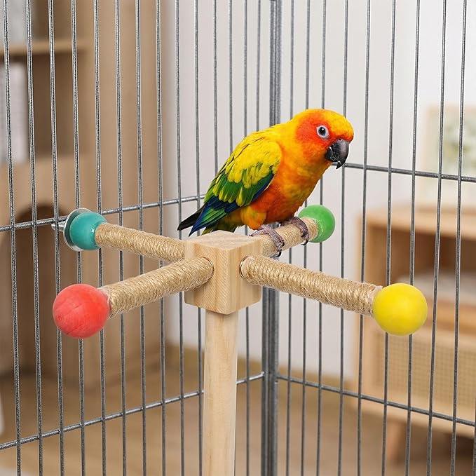 1pcs Bird Stand Perch Toy Interactive Wood & Hemp Rope Perch Enrichment Exercise for Small Medium Parrots Easy Install Birdcage Accessory Long Hemp Rope