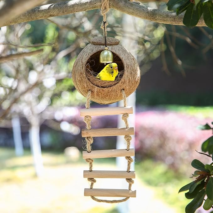 Briwooody Coconut Shell Bird Nest House Breeding Bed Nestingand Anti-Pecking Bite with Natural Coir Fiber Bird Nest Toy Bell for Parrot Budgie Parakeet Cockatiel Conure Lovebird Canary Finch(Classic)