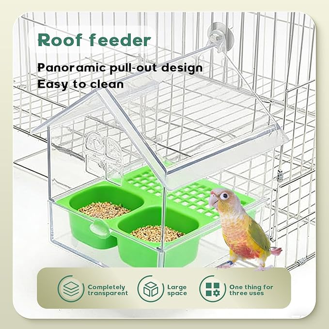 Pull-Out External Parrot Feeder & Bird Bath for Cage - Transparent Easy-Fill Feeder House, Convenient Feeding & Watching for Parrots, Finches, Hummingbirds and Small Birds