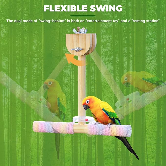 Bird Stand Perch Toy,Interactive Rocking Parakeet Toy and Perch, Wooden Exercise Wheel Cockatiel Toy, Intelligence Puzzle Enrichment Toys,Bird Playground Play Stands for Conure Budgie(swing)