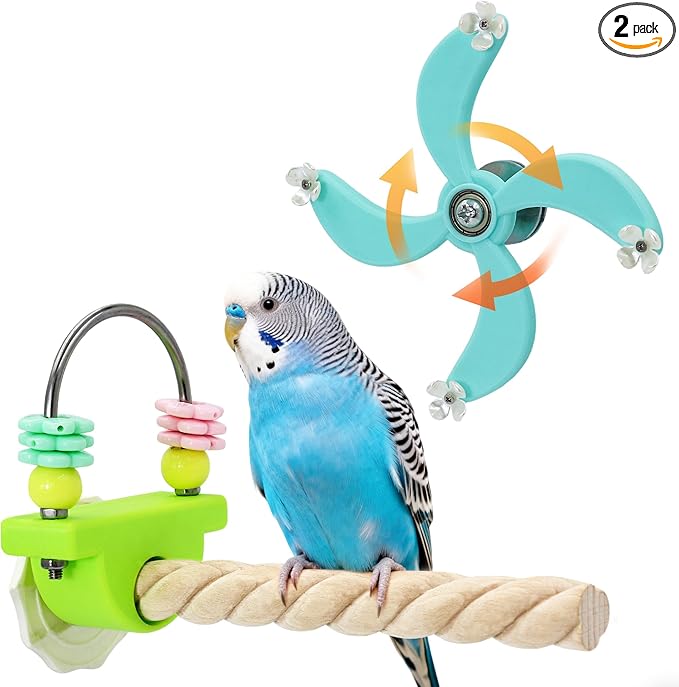 2Pcs Spinning Parakeet Toys and Anti-Slip Spiral Perches Set, Rotating Budgie Toys for Boredom, Bird Enrichment Spinner for Parakeets for Cage Accessories, Cockatiel Toys for Inside Cage for Parrots