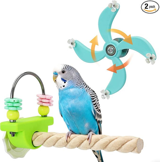 2Pcs Spinning Parakeet Toys and Anti-Slip Spiral Perches Set, Rotating Budgie Toys for Boredom, Bird Enrichment Spinner for Parakeets for Cage Accessories, Cockatiel Toys for Inside Cage for Parrots