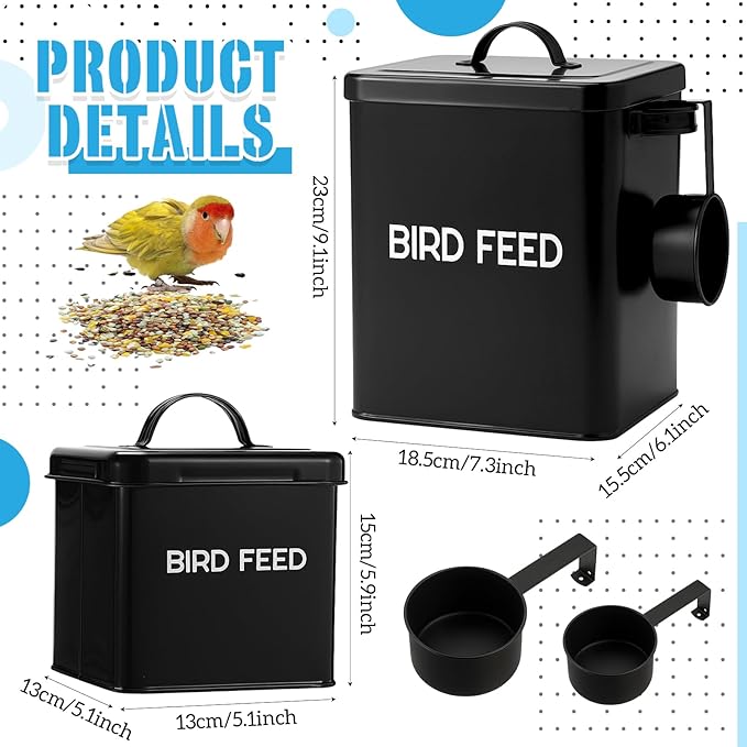 Reallnaive 2 Pcs Metal Bird Seed Container with Scoop, Bird Feed Storage Container with Fitted Lid, Farmhouse Style Ideal Gift for Birds and Pet Owners(Black)
