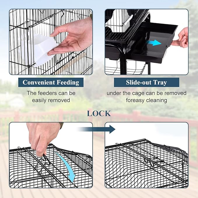 Dkeli Bird Cage, 64 in Open Top Parakeet Cage with Rolling Stand for Medium Small Cockatiel Macaw Conure Lovebird Canary Bird Wrought Iron Flight Pet House with Storage Shelf, Black