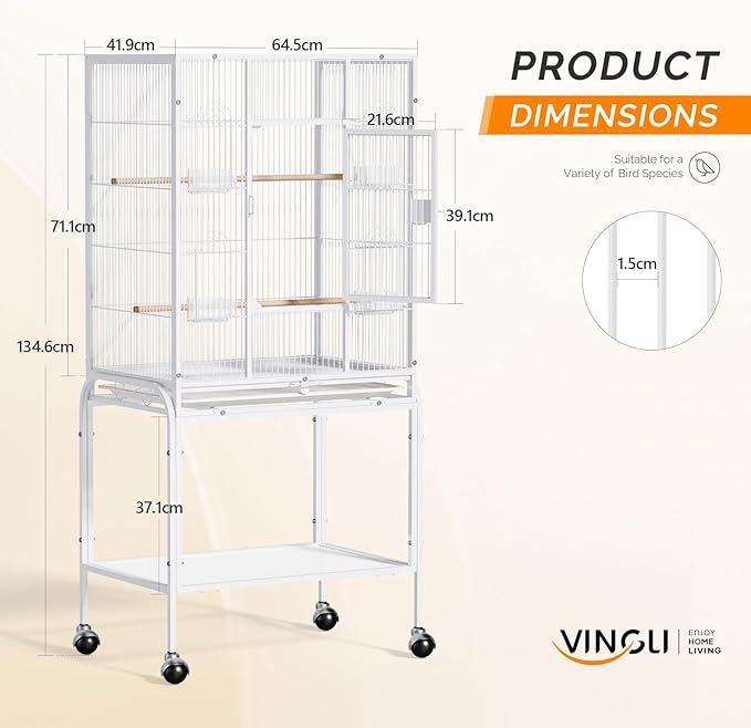 VINGLI 53-inch Bird Cage with Wheels, Durable Wrought Iron Parakeet Cage with Slide Out Tray, Black Bird Cages for Parakeets/Lovebird/Cockatiels/Budgies and Other Small/Medium Birds (White, 53 inch)