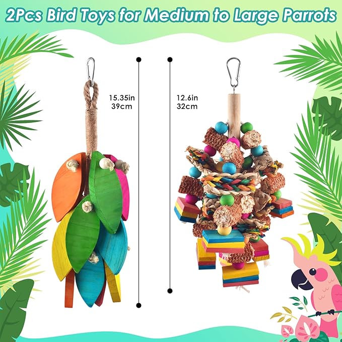 DBNESS 2 Pcs Large Bird Toys, Natural Corn Cob Parrot Chew Toy, Multicolored Leaf-Shaped Chewing Wood Blocks for Large and Medium-Sized Macaws, Cockatoos, Amazon Parrots, African Grey