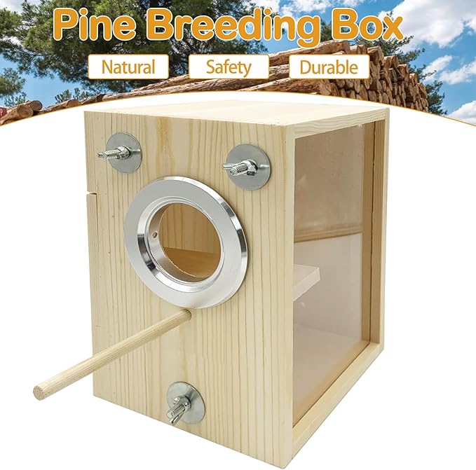BNOSDM Parakeet Nesting Box Transparent Bird Breeding Nest Boxes Natural Wood Bird Cage House with Coconut Fiber for Small Conure Lovebirds Finch Parrot Canary